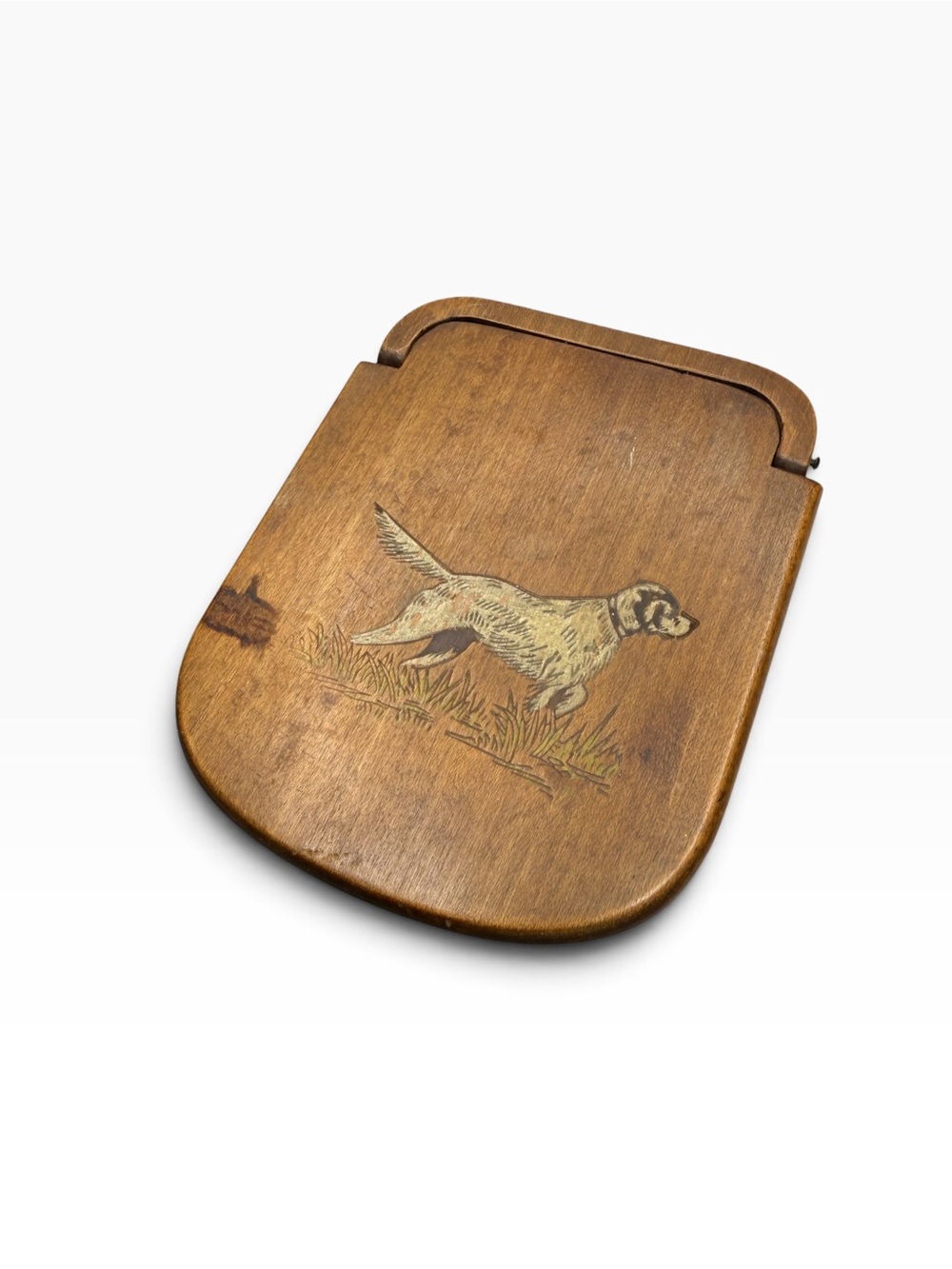 Vintage Wooden Trinket Box Matchbox Holder Hunting Dog Pointer Inlaid Carved